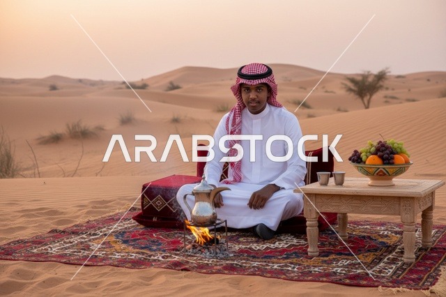 رجل سعودي مع القهوة العربية في الصحراء وقت الغروب
