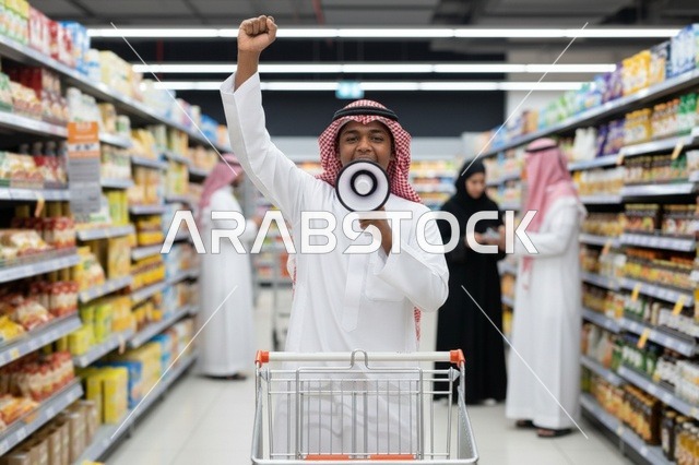 رجل سعودي مع مكبر صوت في السوبر ماركت