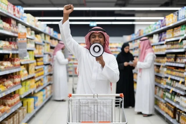 Saudi Man with Megaphone in Supermarket Aisle
