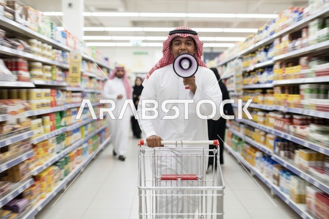 رجل سعودي يحمل مكبر صوت وعربة تسوق في السوبر ماركت