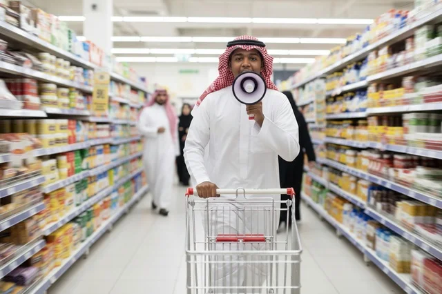 رجل سعودي يحمل مكبر صوت وعربة تسوق في السوبر ماركت