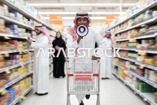 رجل سعودي يحمل مكبر صوت وعربة تسوق في السوبر ماركت