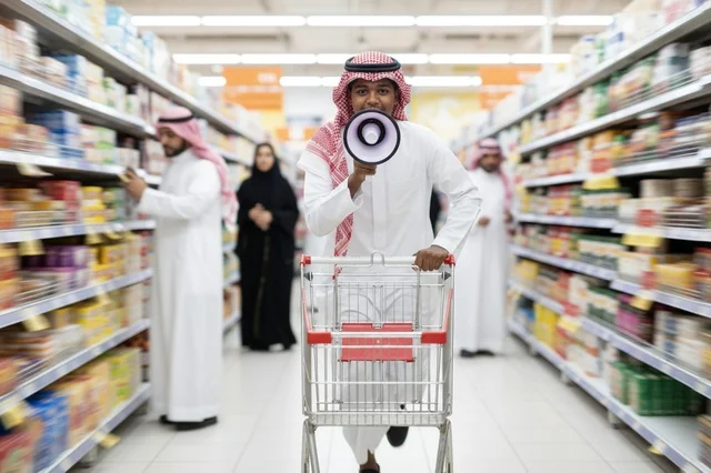 Saudi Man with Megaphone and Shopping Cart in Store