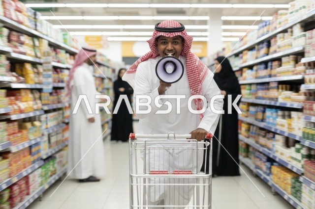 رجل سعودي مع مكبر صوت وعربة تسوق في المتجر