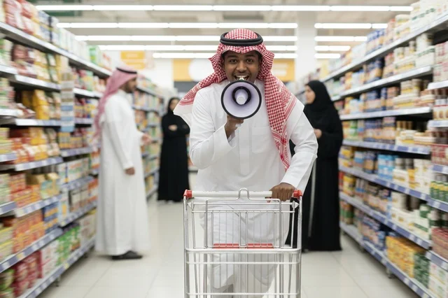 رجل سعودي مع مكبر صوت وعربة تسوق في المتجر