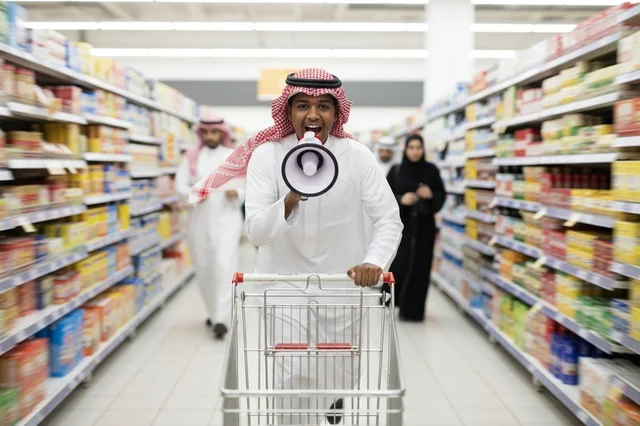 Saudi Man Using Megaphone in Supermarket Aisle