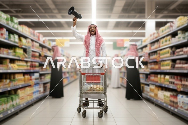 رجل سعودي يحمل مكبر صوت في السوبر ماركت