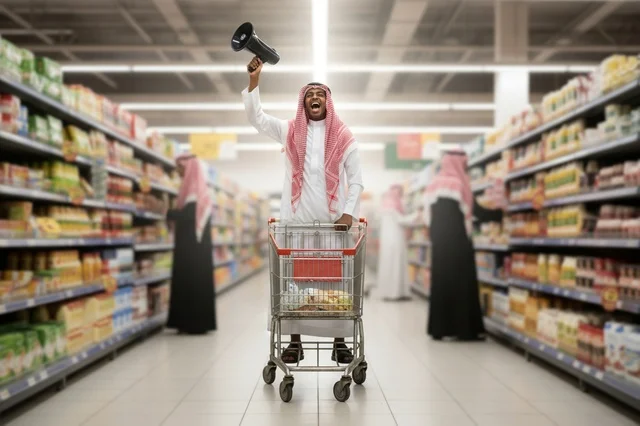 Saudi Man with Megaphone in Supermarket Promotion