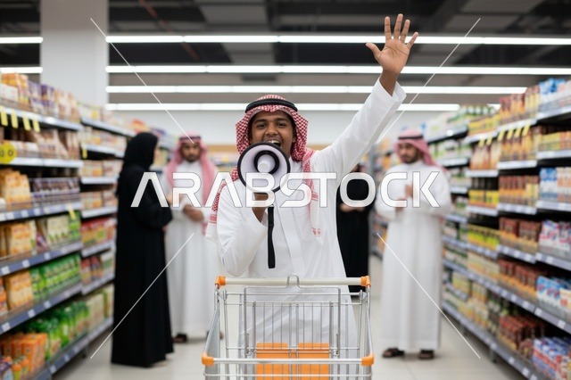 رجل سعودي مع مكبر صوت في ممر السوبر ماركت