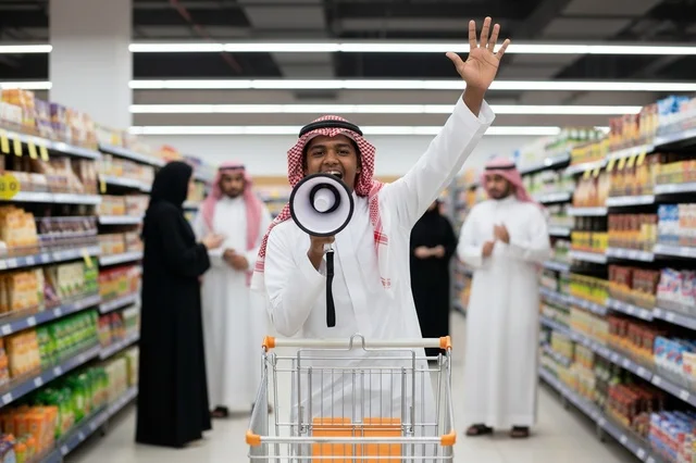 رجل سعودي مع مكبر صوت في ممر السوبر ماركت