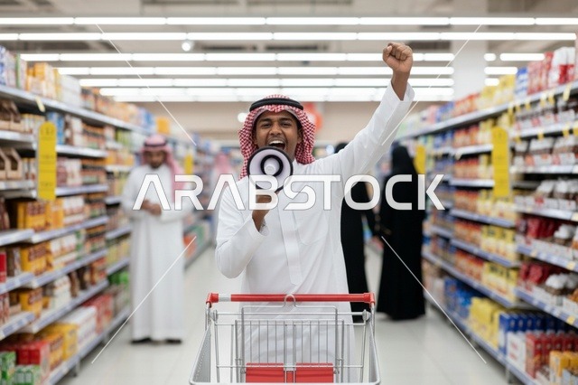 رجل سعودي مع مكبر صوت في ممر السوبر ماركت