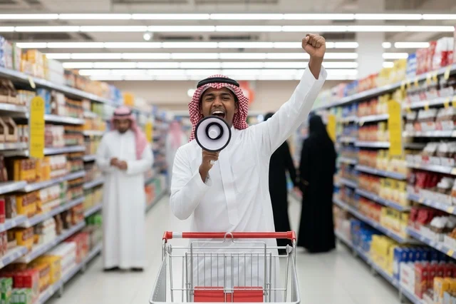 A Saudi man with a megaphone in the supermarket aisle.