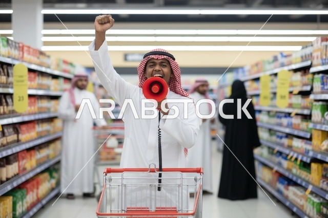 Saudi Man Shouting Through Megaphone in Supermarket