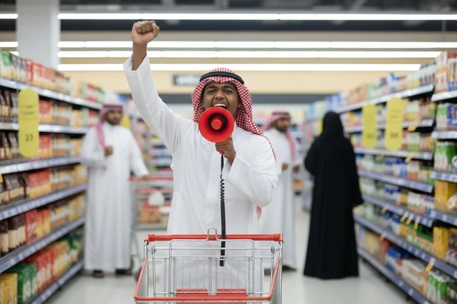 رجل سعودي يصرخ عبر مكبر صوت في سوبر ماركت