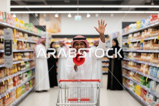 رجل سعودي مع مكبر صوت في ممر السوبر ماركت