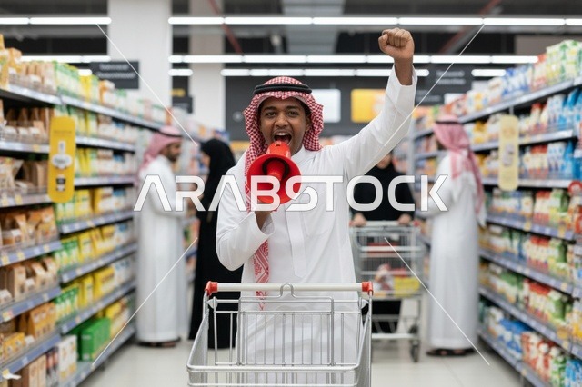 رجل سعودي مع مكبر صوت في ممر السوبر ماركت