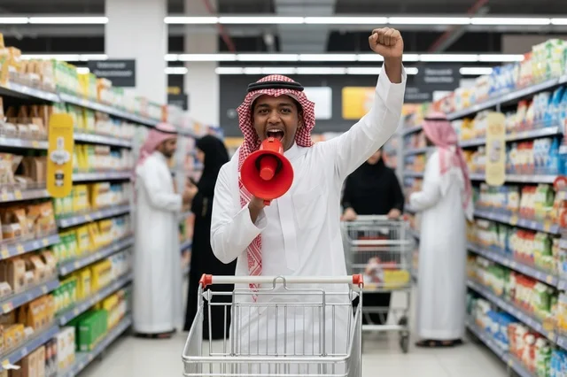 Saudi Man with Megaphone in Supermarket Aisle