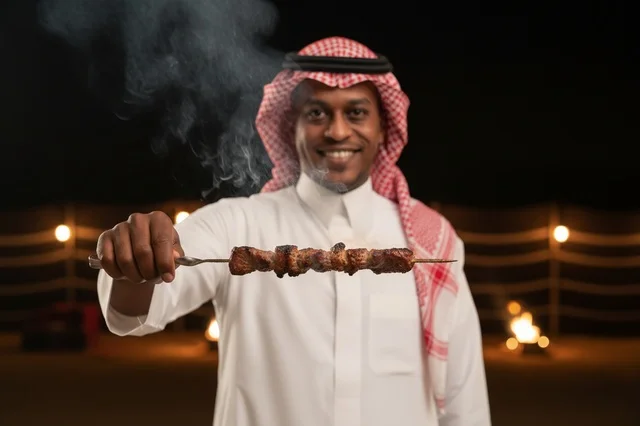 Saudi Man Holding Grilled Meat Skewer in Desert Night