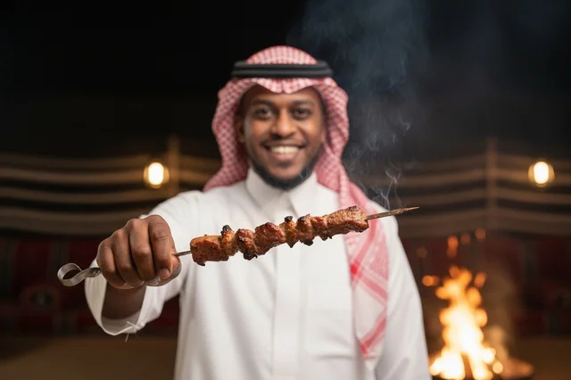 رجل سعودي يحمل سيخ لحم مشوي في ليلة تخييم بالبر