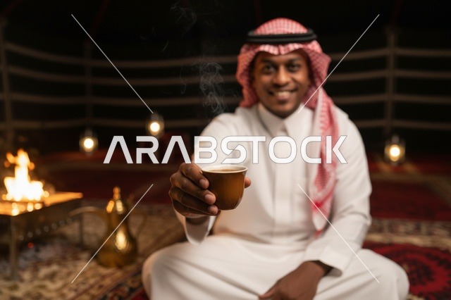 Saudi Man Serving Arabic Coffee in Traditional Desert Tent