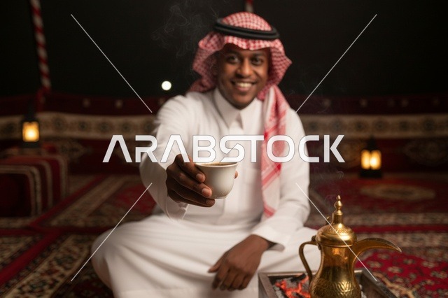 رجل سعودي يقدم القهوة العربية في مجلس تراثي