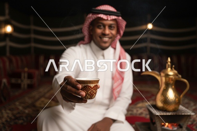 رجل سعودي يقدم القهوة العربية في خيمة تراثية