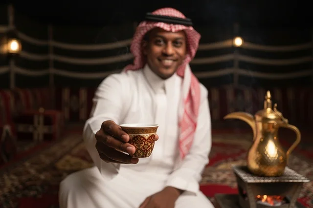 رجل سعودي يقدم القهوة العربية في خيمة تراثية