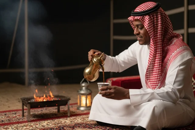 رجل سعودي يصب القهوة العربية في خيمة تراثية