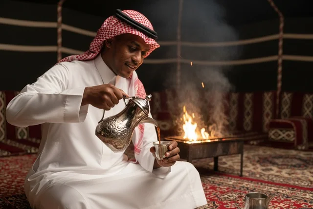 رجل سعودي يصب القهوة العربية في خيمة صحراوية