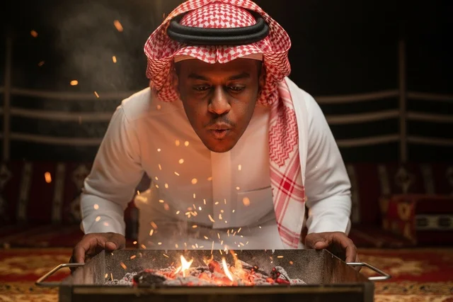 Saudi Man Blowing Fire Charcoal in Winter Tent