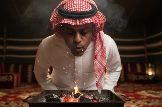 رجل سعودي ينفخ في الجمر المشتعل داخل خيمة