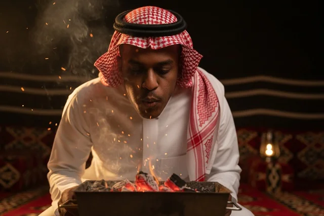 رجل سعودي بالثوب التقليدي ينفخ في جمر النار