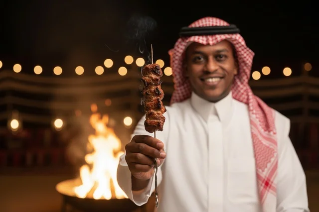 Saudi Man Barbecue Night Desert Campfire