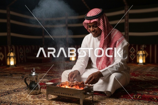 رجل سعودي يشوي اللحم داخل خيمة تراثية تقليدية