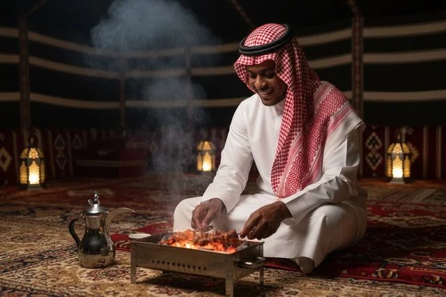 Saudi Man Grilling Meat in Traditional Heritage Tent