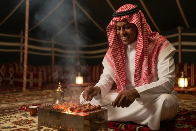 رجل سعودي يشوي اللحم في خيمة تراثية