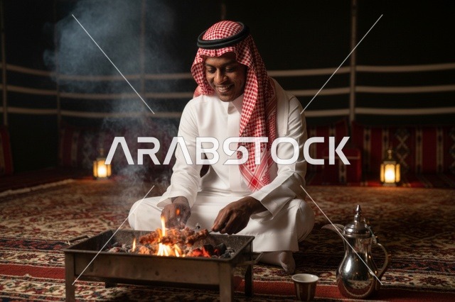 رجل سعودي يشوي اللحم في خيمة تراثية