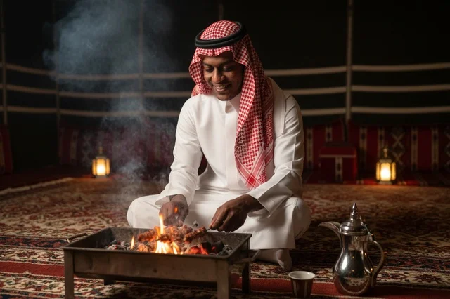 رجل سعودي يشوي اللحم في خيمة تراثية