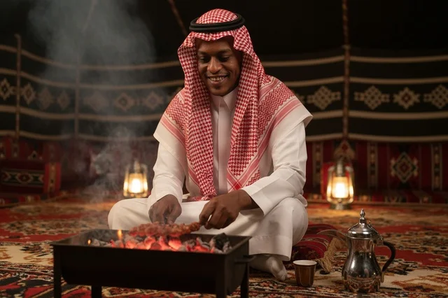 Saudi Man Grilling Meat in Traditional Bedouin Tent