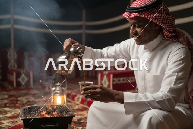 رجل سعودي يصب القهوة العربية في خيمة تقليدية