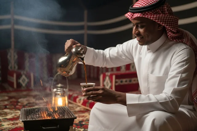 Saudi Man Pouring Arabic Coffee in Traditional Tent