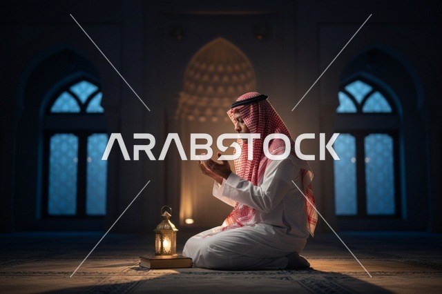 رجل سعودي يصلي في المسجد مع فانوس