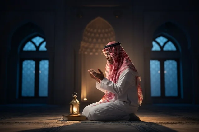 Saudi Man Praying in Mosque with Lantern