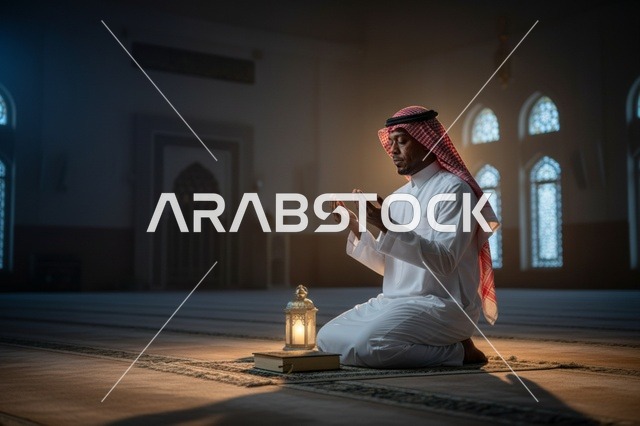 رجل سعودي يصلي في المسجد مع فانوس ومصحف