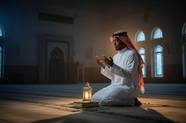 Saudi Man Praying in Mosque with Lantern and Quran