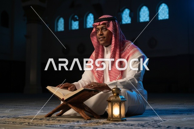 رجل سعودي يقرأ القرآن في المسجد مع فانوس