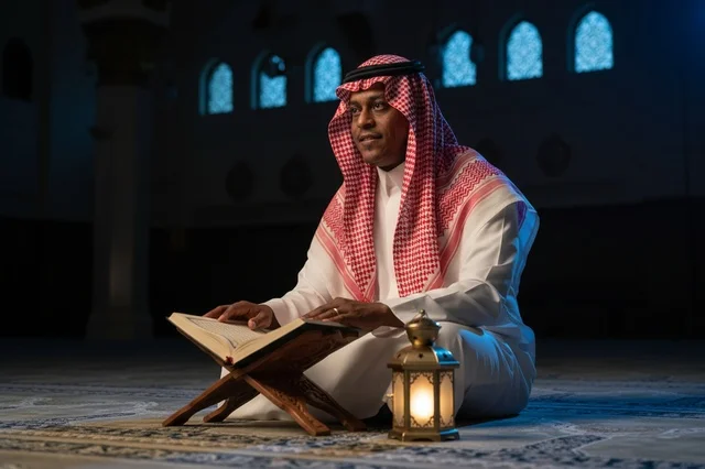 رجل سعودي يقرأ القرآن في المسجد مع فانوس
