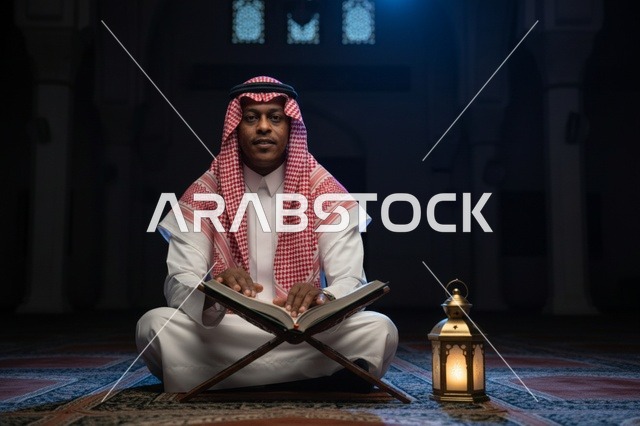 رجل سعودي يقرأ القرآن في المسجد مع فانوس