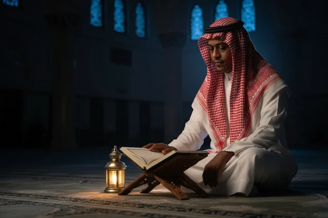 رجل سعودي يقرأ القرآن في المسجد مع فانوس