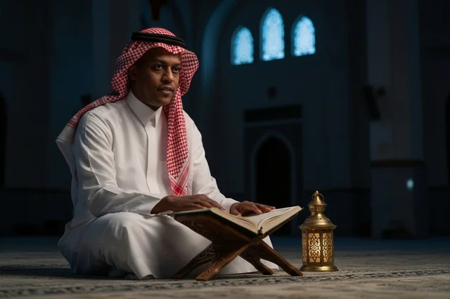 Saudi Man Reading Quran in Mosque with Lantern